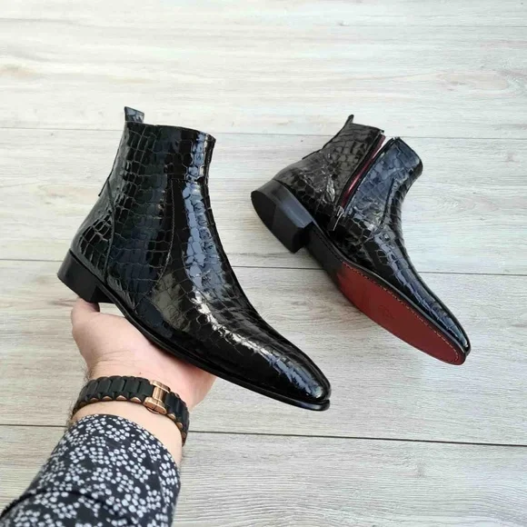 Black Men's Chelsea Croco Patent Leather Boots | Red Sole - Picture 4 of 4